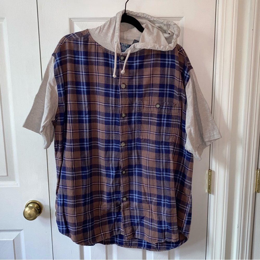 Vintage 90's Plaid Hooded Short Sleeve Flannel T-shirt - Picture 2 of 7